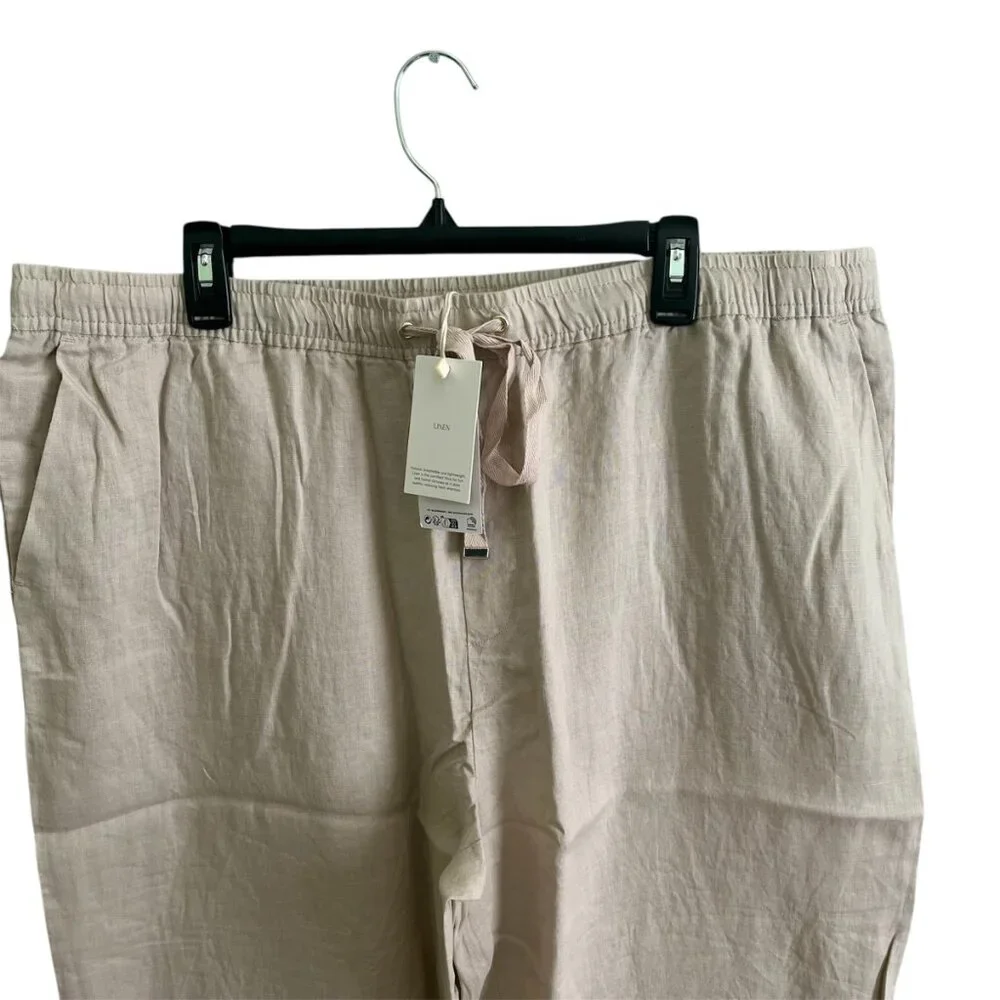Mango MNG NWT 100% Linen Straight Pants Summer Elastic Waist Drawstring Size 1XL